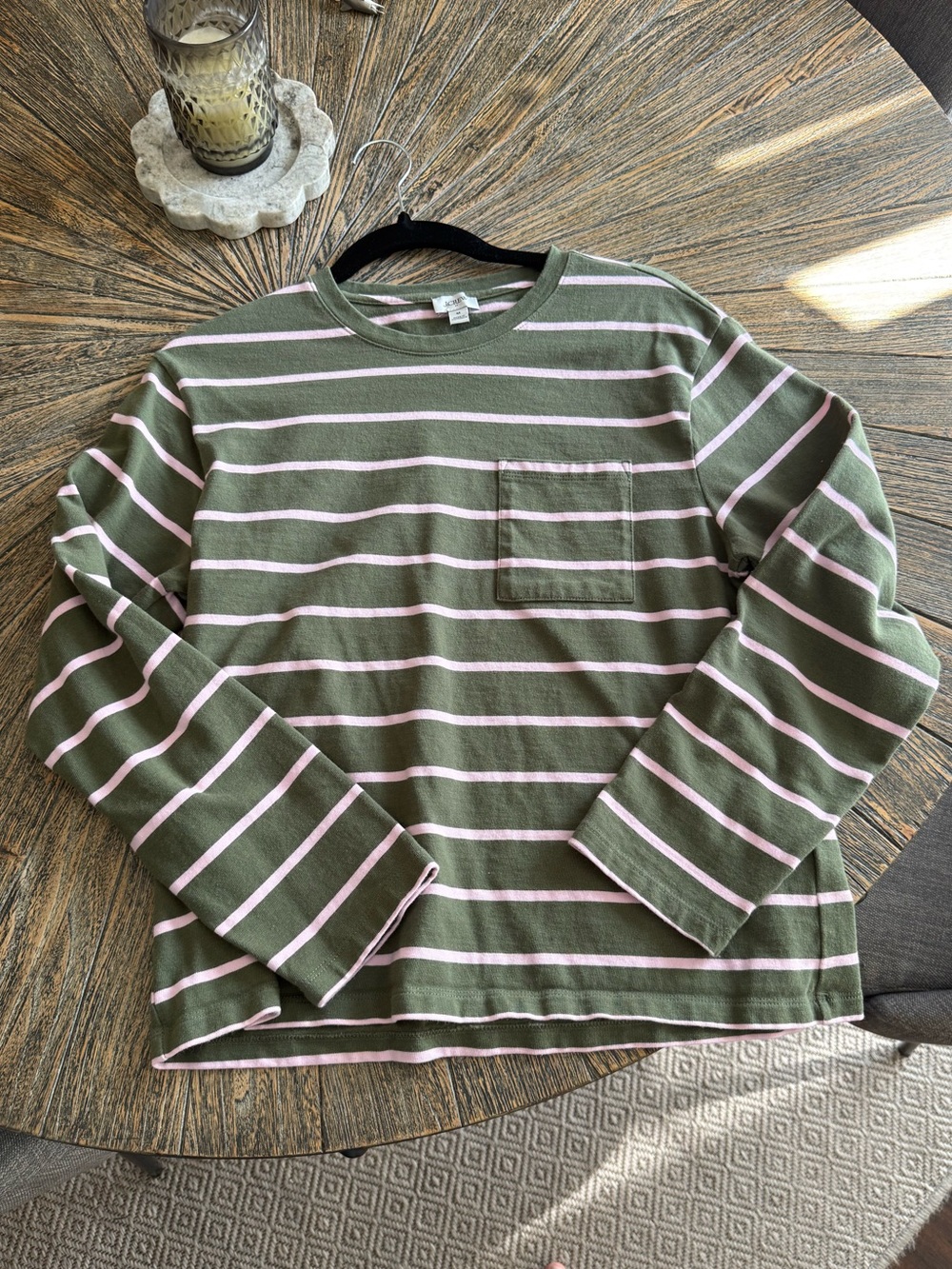 J. Crew Olive & Pink Striped Long-Sleeve Pocket Tee (washed once, never worn!)